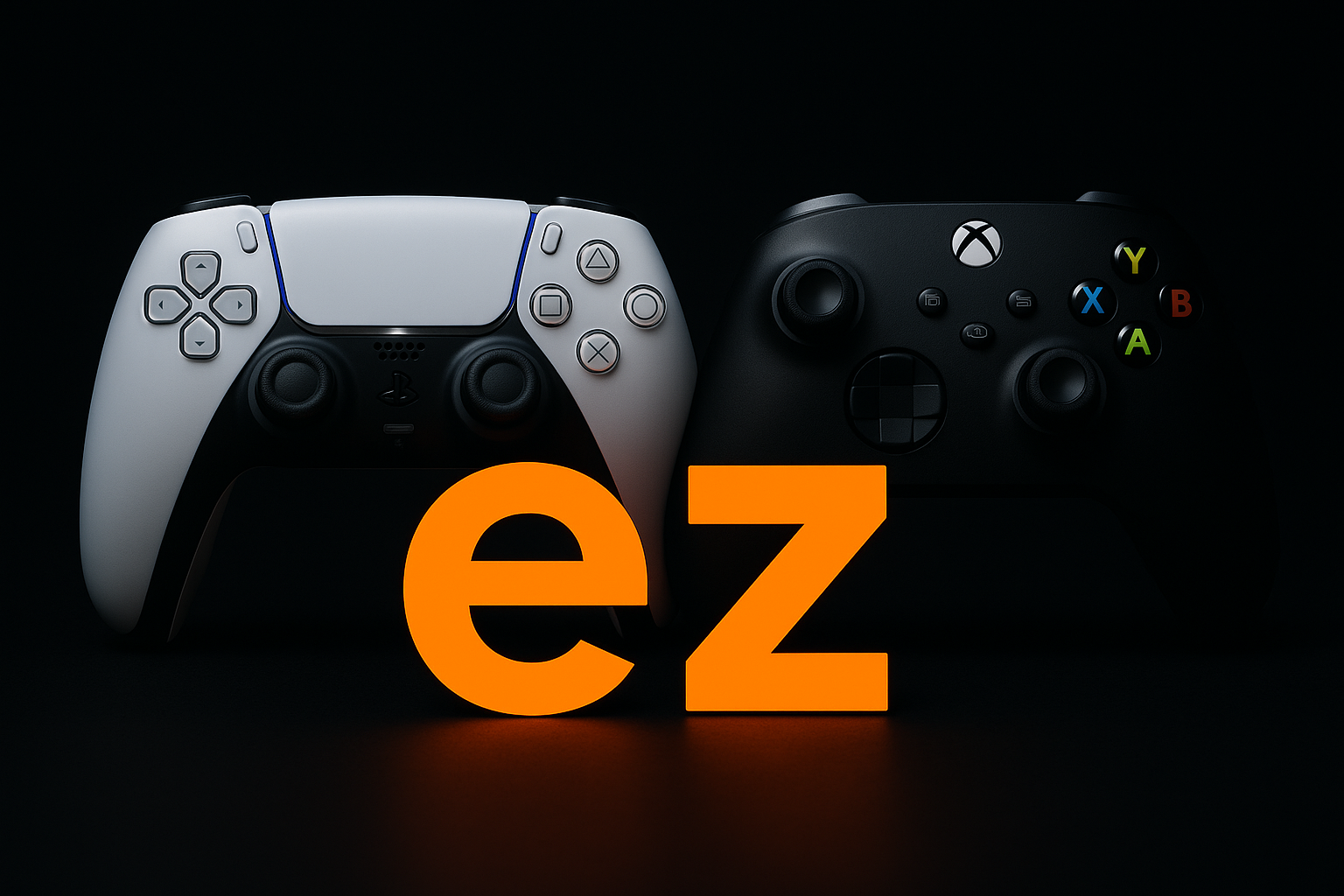 create an image of a ps5 controller and an xbox controller next to eachother in a black background in front of a vibrant orange text saying "ez"